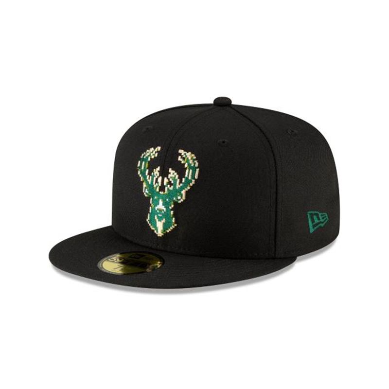 NBA Milwaukee Bucks Pixel 59Fifty Fitted (PWR7762) - Black New Era Caps